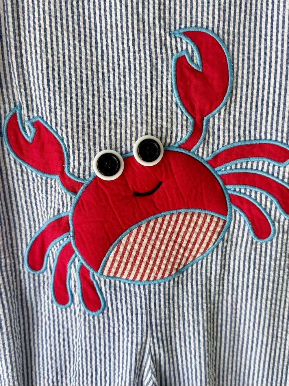 Mud Pie Blue Seersucker Crab Jon Jon Romper 2T Vacation Nautical